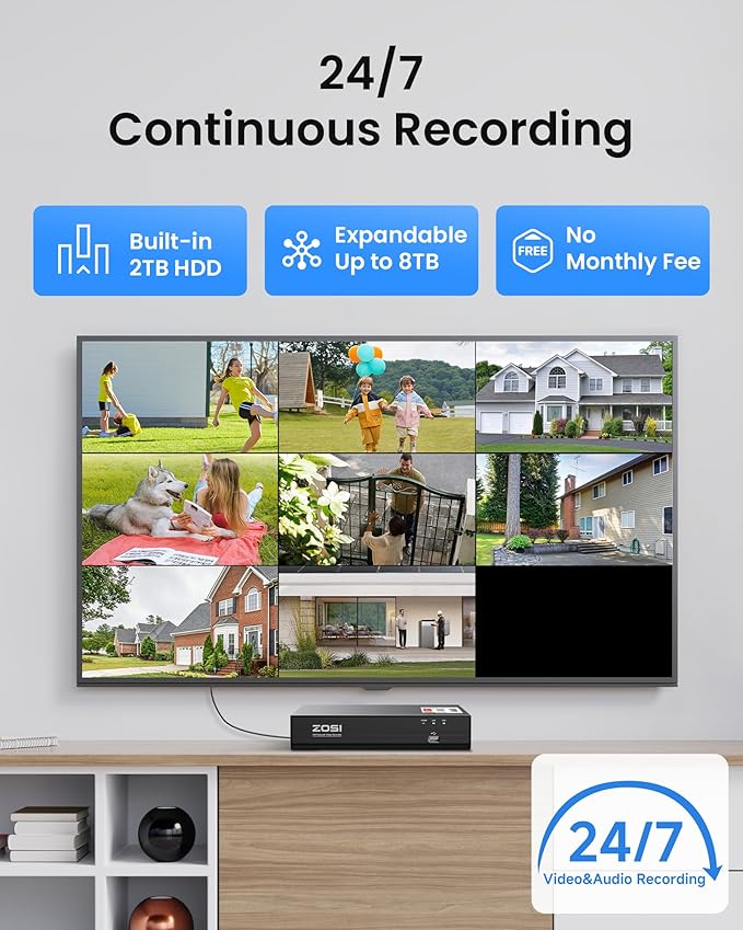 ZOSI 4K PoE NVR Security Camera System,4pcs 8MP Weatherproof Wired PoE Cameras,Smart Person Vehicle Detection,One-Way Audio,People Counting,H.265+ 4K/8MP 8CH NVR with 2TB HDD for Home 24/7 Recording