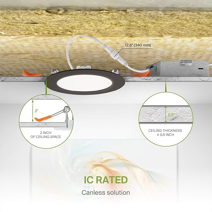 ASD 6 Pack LED Recessed Lighting 4 Inch 12W, 5 CCT 2700K-5000K CRI90+, IC Rated Ultra Thin Dimmable Ceiling Lights with J Box, Canless Wafer Downlight, Round Slim Panel Light, UL Listed, Bronze