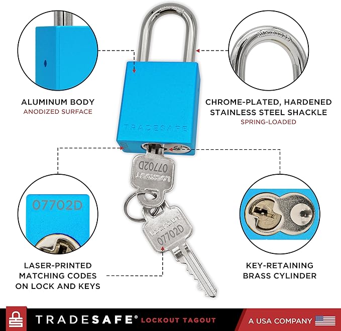 TRADESAFE Lockout Tagout Locks Set - 10 Blue Aluminum Loto Locks, Keyed Different Lock Out Tag Out Padlocks, 2 Keys Per Lockout Padlock, OSHA Compliant