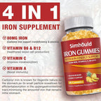 1 Pack Vegan 80MG Iron Supplement Gummies for Women & Men - Vitamin A, C, B for Adults & Kids - Blood Builder & Energy Support for Iron Deficiency, Anemia - 60 Counts Pineapple Flavor Gummies