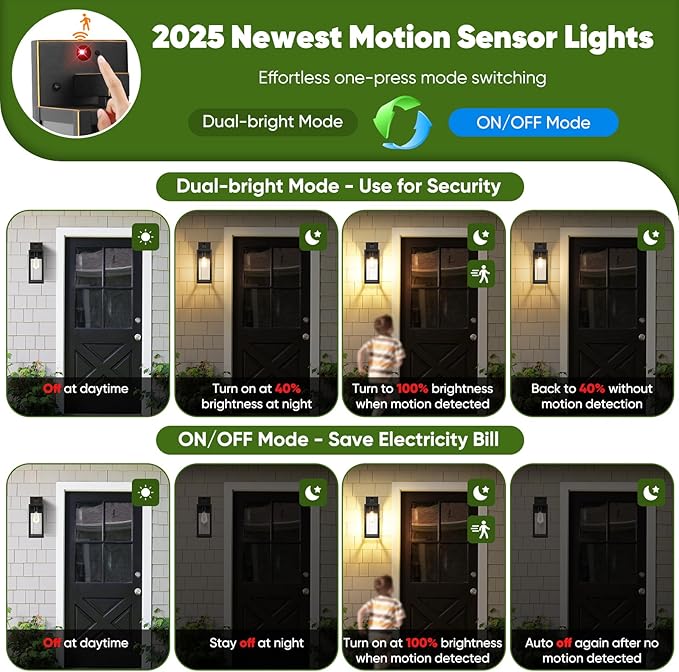 BesLowe Upgraded Motion Sensor Outdoor Wall Lights, 15” Dusk to Dawn Porch Lights Outdoor Wall Sconce Lanterns, 3 Lighting Modes Exterior Lighting Fixtures, Bronze Outside Lights for House, 2-Pack