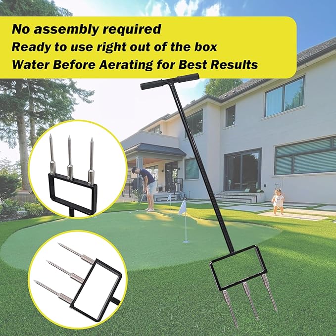 Lawn Aerator, Core Aerator Lawn Tool, Stainless Steel 3-Corer Lawn Hand Aeration – Manual Yard Plug Aerator for Compacted Garden Soil, Garden Care, Gardening Core Aeration Tool (Spike Tine)