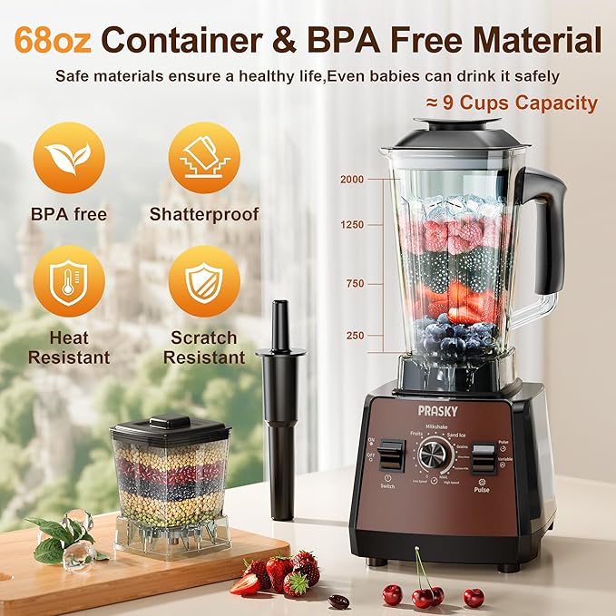 Blender for Smoothies,PRASKY 1000W Blenders for Kitchen,25,000 RPM Powerful Blender 68oz BPA-Free Juicer and Grinder with To-Go Gym Bottle,Countertop Blenders for Ice Crushing,Shakes,Fruits (Brown)