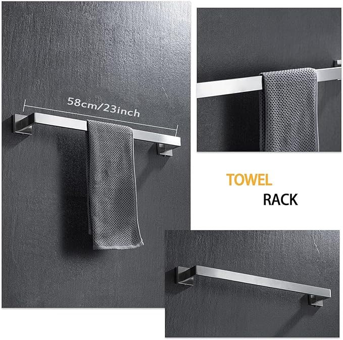 4-Piece Bathroom Hardware Set, Towel Rack Towel Bar Towel Holder Toilet Paper Holder Brushed Nickel Towel Hooks Modern Square Stainless Steel Wall Mounted Bathroom Accessories Set, 23inch