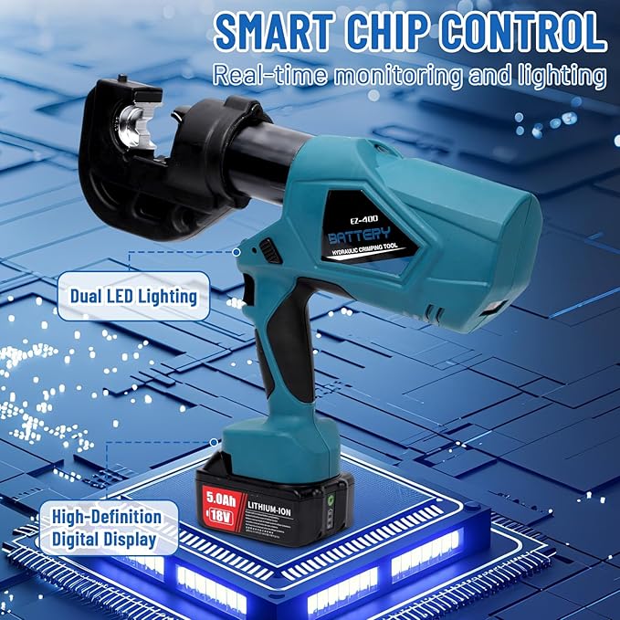 Electric Hydraulic Crimping Tool, 12Ton 6AWG-800MCM Rechargeable Hydraulic Cable Lug Crimper for Cu/Al Terminal, Continuously Crimp Wire Crimping Tool Kit with 12 Dies
