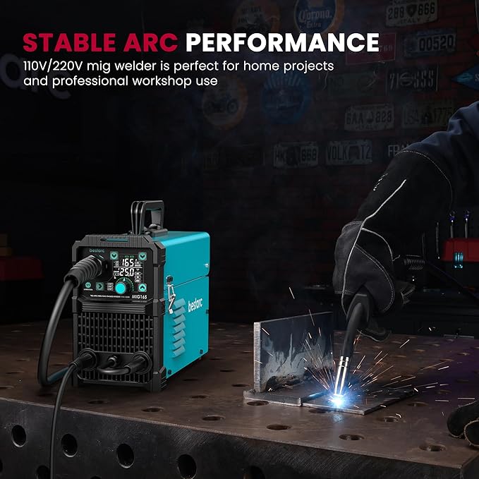 bestarc 165Amp MIG Welder, 110V 220V Flux Core MIG/Lift TIG/Stick 4 in 1 Welder Machine, Large LED Display Welding Machine, IGBT Inverter bestarc Welder MIG165 Soild Gasless Synergy MIG Welder