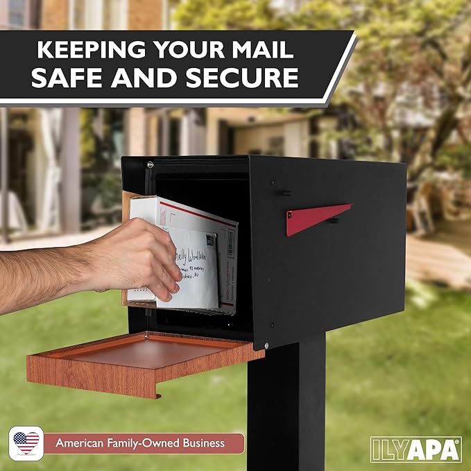 Ilyapa Modern Mailbox for Post Mount - Black Powder Coated Metal Mailbox with Ash Wood Door - Waterproof for Parcels, Recessed Magnetic Close Door