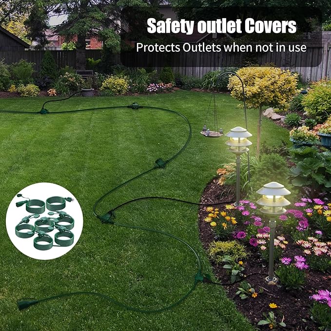 50Ft Outdoor Extension Cord Multiple Plugs- Evenly Spaced 6 Outlets Plugs with Safety Cover, 16/3 SJTW Green Outdoor Extension Cord for Landscape, Christmas Tree Lights, Holiday, ETL Listed