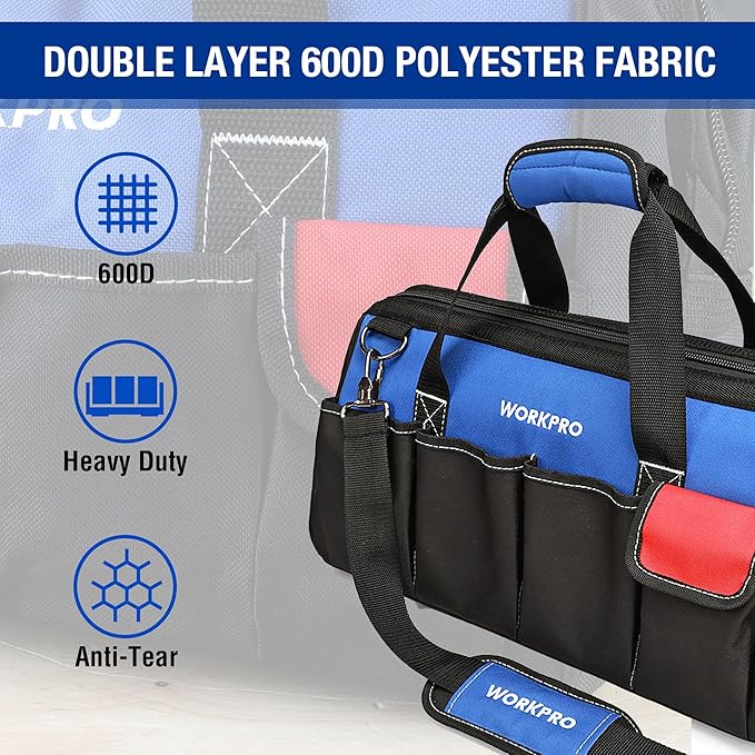WORKPRO 18-inch Close Top Wide Mouth Storage Tool Bag with Adjustable Shoulder Strap, Sturdy Bottom