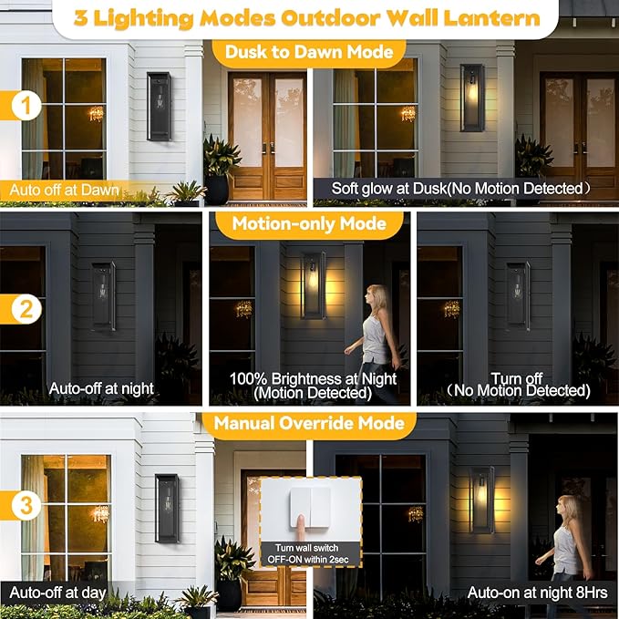 Large Motion Sensor Outdoor Lighting-20in Dusk to Dawn Modern Waterproof Sconce Wall Mounted E26 Black Porch Lights Exterior Lighting Fixture for Coach Doorway Patio