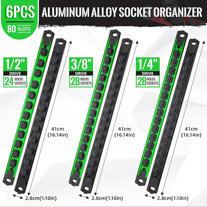 Magnetic Socket Organizer, 6-Piece Heavty Duty Aluminum Socket Holder, Socket Rail for Tool Box, Premium Quality 360° Swivel Socket Rack Kit with 80 Clips for 1/2, 3/8, 1/4-Inch(Black&Green)