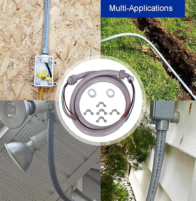 (1/2" Dia * 6 Feet with Wire) Yariwiz Flexible Electrical Conduit Liquid Tight PVC Conduit Kit with 3-Conductor 10 Gauge AWG Wires, Sealtight Seal Flex Liquidtight Wire Outdoor Non Metallic Grey