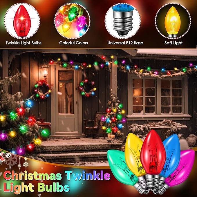 25 Pack Twinkle Christmas Replacement Bulbs, 7W Random Blinking Light Bulbs for Christmas String Light, Nightlights (Colorful,C7,E12 Intermediate Base)