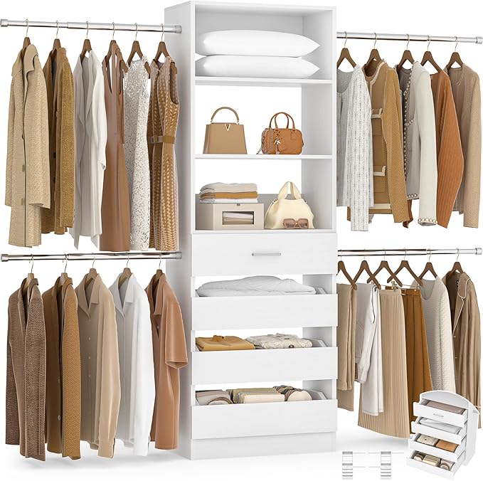 Aheaplus 4-9Ft Closet System, Closet Organizer with 4 Wooden Drawers, Wood Closet Organizer System with Tower, Walk-in Closet Organizer Wardrobe and Storage with 4 Hanging Rods, 11White