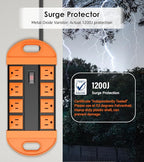 CCCEI Outdoor Power Strip Weatherproof with 8 Plug, Waterproof Extension Cord with Multiple Outlets, Christmas Exterior Garden Yard Surge Protector 10FT, Orange.