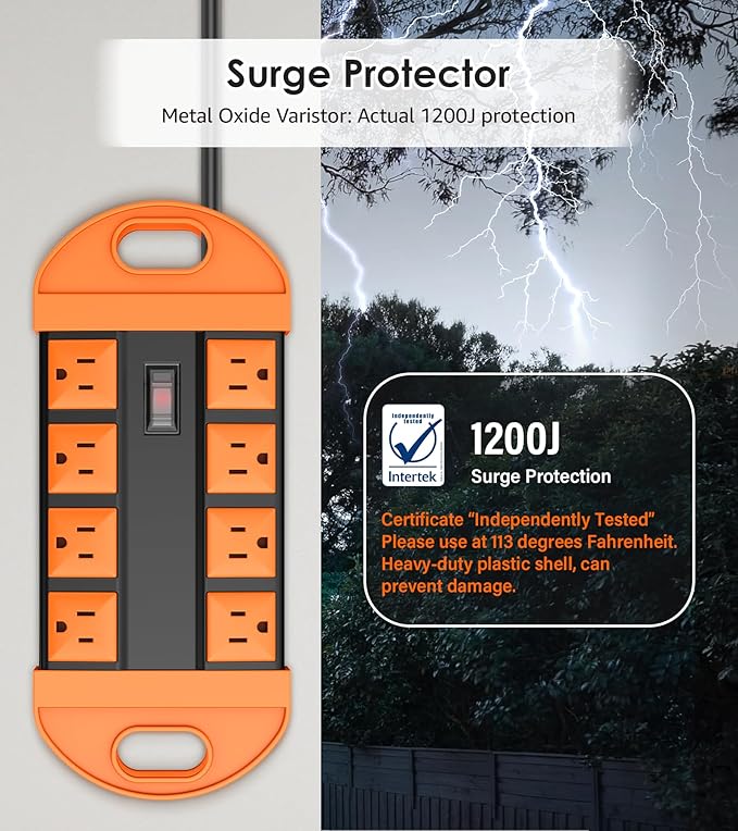 CCCEI Outdoor Power Strip Weatherproof with 8 Plug, Waterproof Extension Cord with Multiple Outlets, Christmas Exterior Garden Yard Surge Protector 10FT, Orange.
