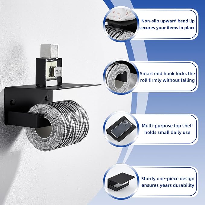 APLusee Toilet Paper Holder with Shelf Matte Black, 304 Stainless Steel Tissue Holder, Wall Mounted