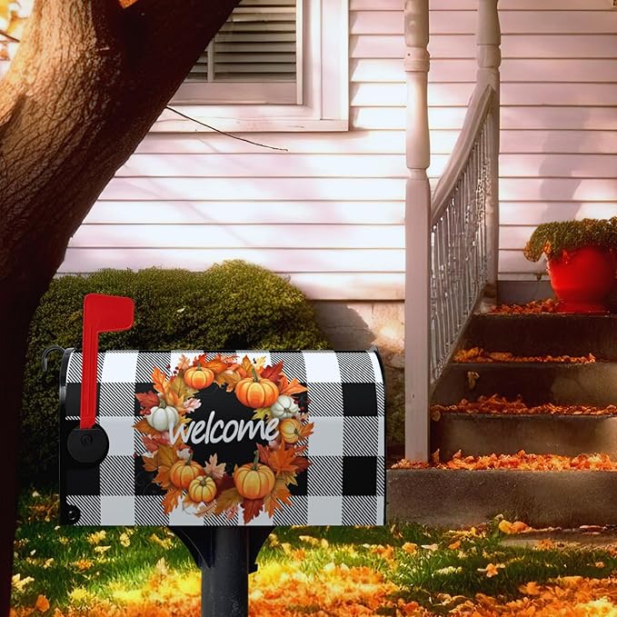 Fall Welcome Mailbox Covers Magnetic Large Size Autumn Pumpkin Buffalo Plaid Mailbox Cover Oversized Post Mailbox Wrap Outdoor Decor for Garden Yard 21x25.5 Inch