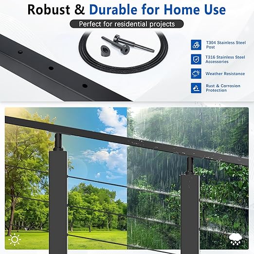 36" Expandable 12-16FT Black T304 Cable Railing Post Kit, Complete Cable Railing System with 4 Stair Posts, 177ft 1/8" Wire Rope(No Handrail), Adjustable Length Easy DIY for 25-35°Stairway