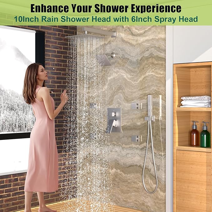 Enga Dual Shower Head Shower System with Body Jets, Wall Mount 10+6" Dual Rain Shower Head with 2 in 1 Handheld Spray for Two People, Shower Faucet Set with Valve Kit, Brushed Nickel