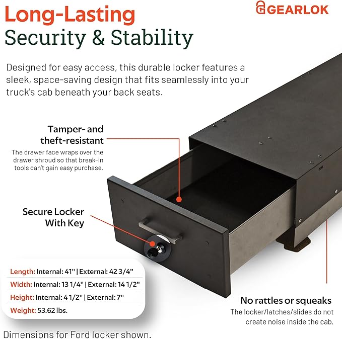 GearLok UnderSeat Truck Locker – Secure Under Seat Storage for Ford F-Series Trucks – Lockable Truck Organizers and Storage for Tools, Ammo and Equipment (Fits 41"x13"x4.5" Interior)
