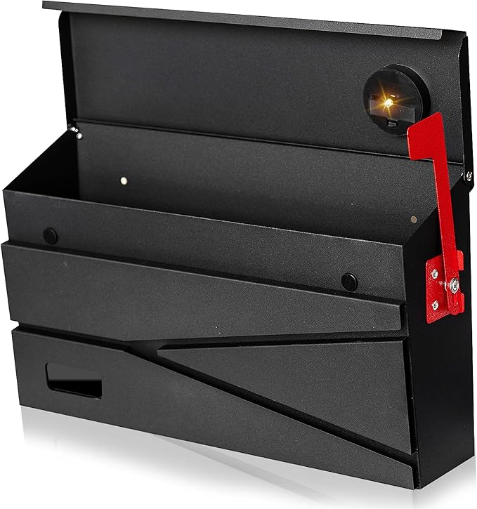 Wall Mount Mailbox, Large Capacity Mailbox for House, with Flag, Visibility Galvanized Steel Rust-Proof Metal Post Drop Box, Mailboxes for Outside, 15.74"×9.84"×4.33" Solar Lanterns Black