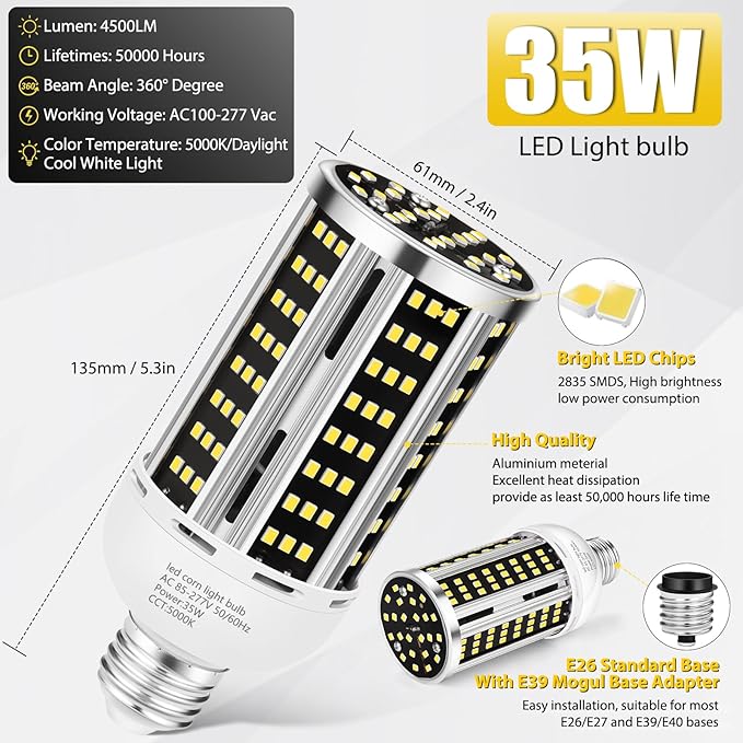35W 6 pack LED Corn Light Bulb,(300W Equivalent ) Commercial Grade Daylight 5000K E26/E39 5000LM Medium Mogul Base LED Lamp,Large Area Lights For Outdoor Indoor Garage Warehouse Factory Bay Light