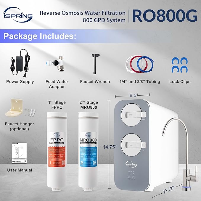 iSpring RO800G Tankless Reverse Osmosis System, 800 GPD Under Sink Water Filter with 2.5:1 Pure to Drain Ratio, TDS & PFAS Reduction, Space Saving Design, Includes Brushed Nickel Faucet