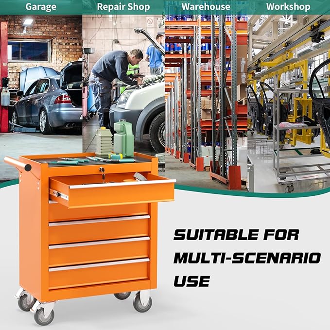 5-Drawer Rolling Tool Chest Toolbox, Rolling Tool Box with Wheels, Tool Chest with Keyed Locking System and Drawer Liners, Tool Box Organizer for Garage, Warehouse, Workshop(Orange)