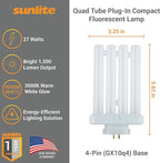 Sunlite 41759 FML27/30K/2PK Quad Tube Plug-in Compact Fluorescent Lamp, FML 4-Pin, 27 Watts, 1500 Lumens, 3000K Warm White, 4-Pin (GX10`q4) Base, 120 Volts, 6 Pack