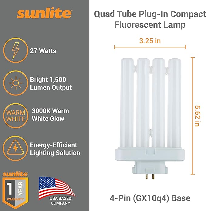 Sunlite 41759 FML27/30K/2PK Quad Tube Plug-in Compact Fluorescent Lamp, FML 4-Pin, 27 Watts, 1500 Lumens, 3000K Warm White, 4-Pin (GX10`q4) Base, 120 Volts, 6 Pack