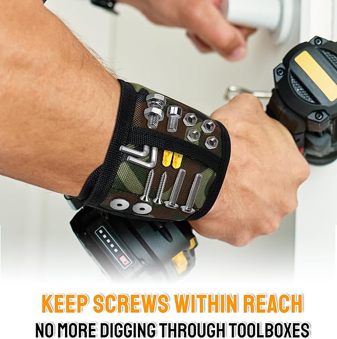 HiRui Magnetic Wristband for Tools – Ultra-Strong 15 Neodymium Magnets Hold Screws, Nails & Bits, Dual Pockets – Hands‑Free for DIY, Home Repairs, Auto – Gift‑Ready for Dad, Husband, Grandpa (CAMO)