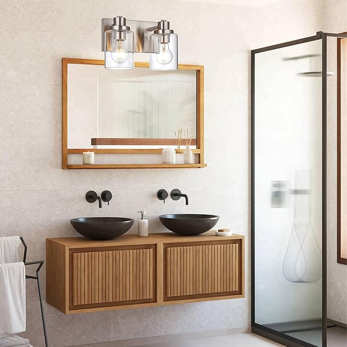 2 Light Vanity Light Fixtures - Brushed Nickel, Modern Design with Clear Glass Shade, Farmhouse Style Over Mirror Lighting