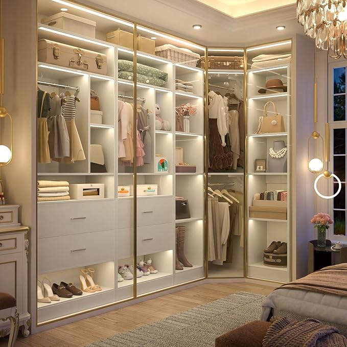 Large Corner Closet System with 3 Sets, 87.2" Closet Organizer System with 4 Drawers & 4 Hanging Rods, Reversible L Shaped Walk-in Closets, Load 2000+LBS, White (87.2" L x 39.2" W x 80" H)