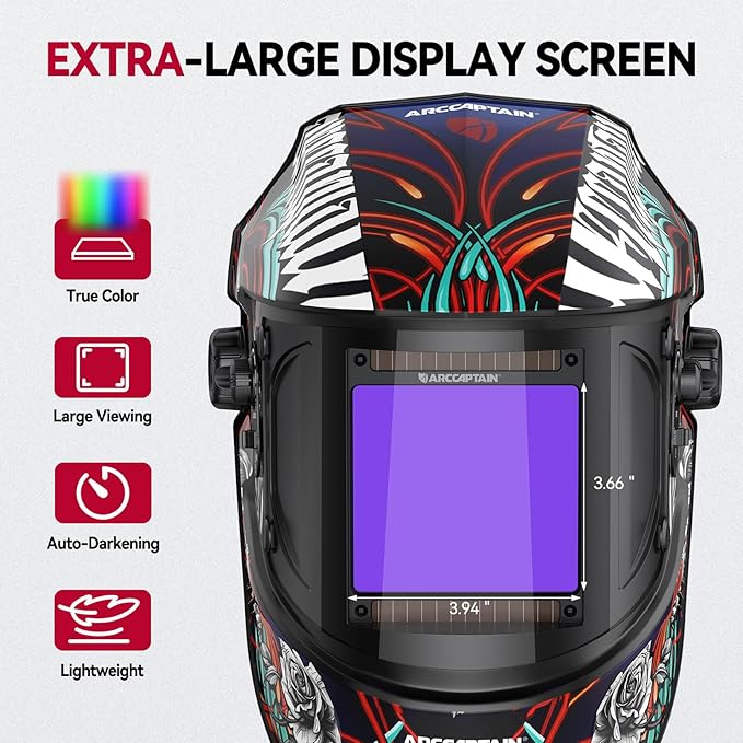 ARCCAPTAIN Large Viewing Screen 3.93"X3.66" Welding Helmet, True Color 1/1/1/1 Solar Power Auto Darkening Welding Hood with 4 Arc Sensor, Wide Shade 4/5-9/9-13 for TIG MIG ARC, Brambles