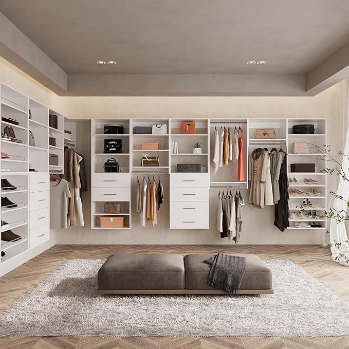 ROOMTEC Modular Closet System, 60" Wall-Mounted Closet Organizer with Hanging Rods, Modern Wooden Tower for Walk-In Closets, Wardrobe Storage Kit, White