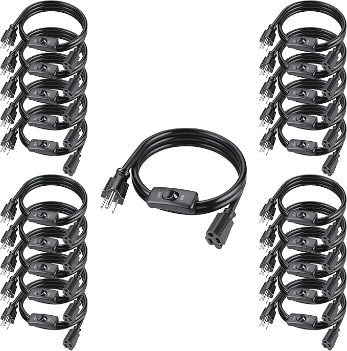 131FT（6.56FT*20） Black Extension Cord with Switch On/Off, 3 Prong Grounded Plug, Insulated & Flame Retardant,125V 375W Indoor Power Cord, UL Listed