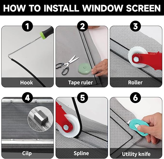 Window Screen Door Repair/Replacement Kit,59" x158" Adjustable Durable Fiberglass Window Screen Mesh,with Spline/Roller/Hook/Clips Screen Door Repair Kit,DIY Window,Porch Sliding Door(Black)
