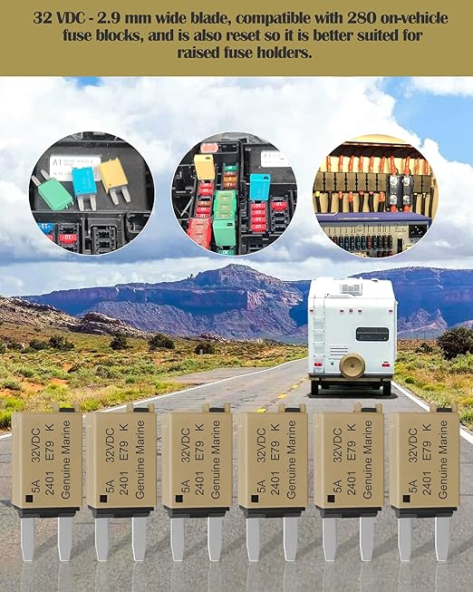 5A Low Profile Mini Fuse Kit– Automotive 5A ATM Manual Reset Circuit Breaker Fuses for Boat, RV, Car, Truck, DC 12V/32V 5 Amp Manual Resettable Blade Assortment Kit with Resettable Fuses