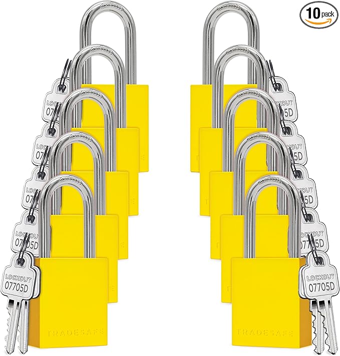 TRADESAFE Lockout Tagout Locks Set - 10 Yellow Aluminum Loto Locks, Lock Out Tag Out Padlocks Keyed Alike, 2 Keys Per Lockout Padlock, OSHA Compliant