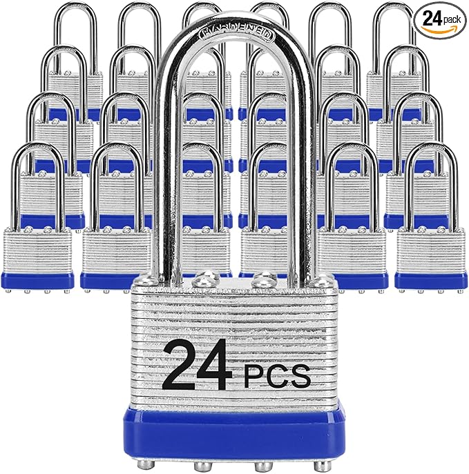 Padlocks with Same Key, LQYN 24 Pcs Laminated Keyed Padlock (1-9/16", 40mm), Keyed Alike Locks, Long Shackle, for Storage Locker, Hasp Latch, Toolbox, Sheds