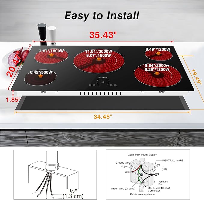 Electric Cooktop 36 Inch 5 Burners, Electric Stove Top, Built-in Ceramic Radiant Cooktop with Sensor Touch Control, Fast Heat, Multiple Safety Protection, 9000W with Hard Wire for 220V~240V