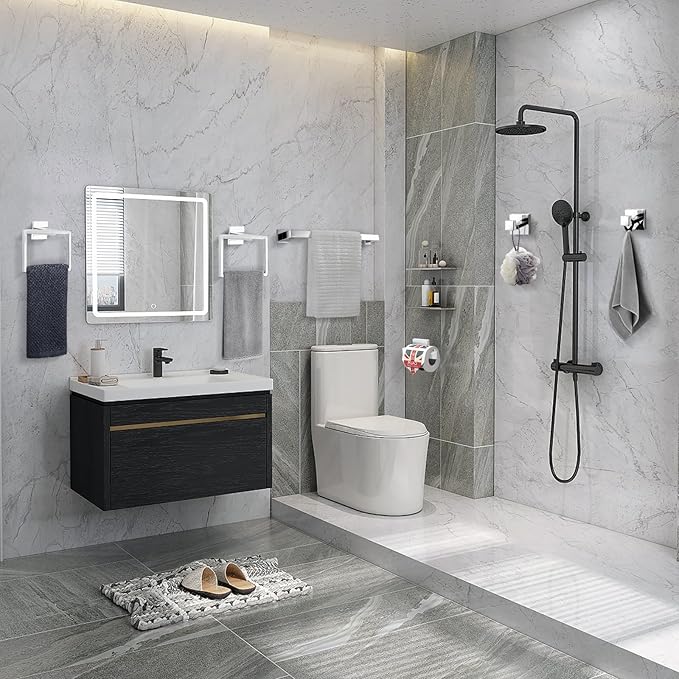 TQKAG 6-Piece Bathroom Towel Bar Sets Polished Chrome 23.6 inch Towel Bar Stainless Steel Towel Ring Coat Hook and Toilet Paper Holder Bathroom Hardware Set Wall Mounted Bathroom Accessories Kit