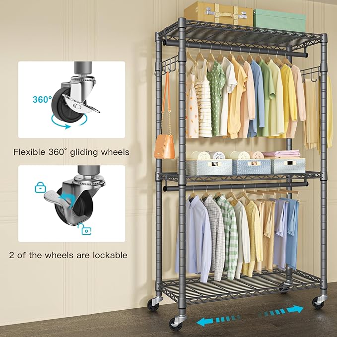 FUTASSI P1 Heavy Duty Garment Rack, 3 Tiers Adjustable Rolling Metal Closet Organizer with Lockable Wheels, FreeStanding Wardrobe with Double Hanger Rods & 1 Pair Hooks, Max Load 450 LBS, Gray