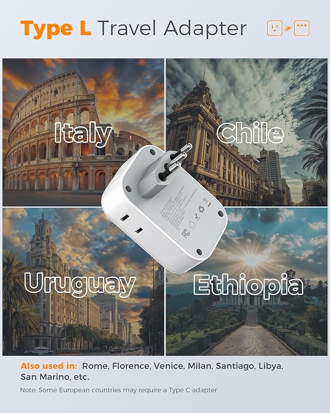 TESSAN Italy Travel Plug Adapter, Type L Adapter for Travel with 4 Outlets 3 USB (2 USB-C), Power Adaptor for US to Italy Chile Rome Uruguay Milan Libya