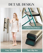 GameGem 2 Step Ladder, Folding Step Stool with Wider Pedal, Anti-Slip Feet & Non Slip Stripes, Aluminum Sturdy Material, 300Lbs Capacity, Elegant Look of Champagne Gold Better Matches Your Home