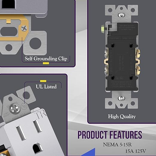 ENERLITES Elite Series Decorator Receptacle, Child Safe Tamper-Resistant Outlet, Self-Grounding, Residential Grade, 15A 125V, UL Listed, 61501-TR-SVWP, Silver with Wall Plate