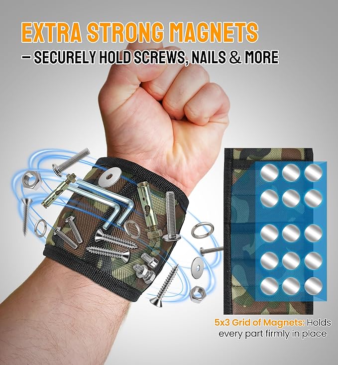 HiRui Magnetic Wristband for Tools – Ultra-Strong 15 Neodymium Magnets Hold Screws, Nails & Bits, Dual Pockets – Hands‑Free for DIY, Home Repairs, Auto – Gift‑Ready for Dad, Husband, Grandpa (CAMO)