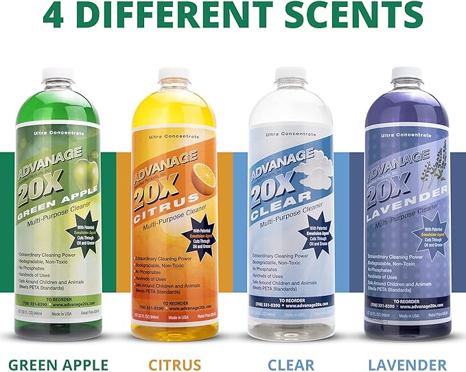 Advanage 20X All Purpose Cleaner Concentrate – Green Apple Eco-Friendly Heavy Duty Degreaser, Multisurface Cleaner for Bathroom, Kitchen, Floors, Household Cleaning Supplies, Made in USA, 32 Fl Oz