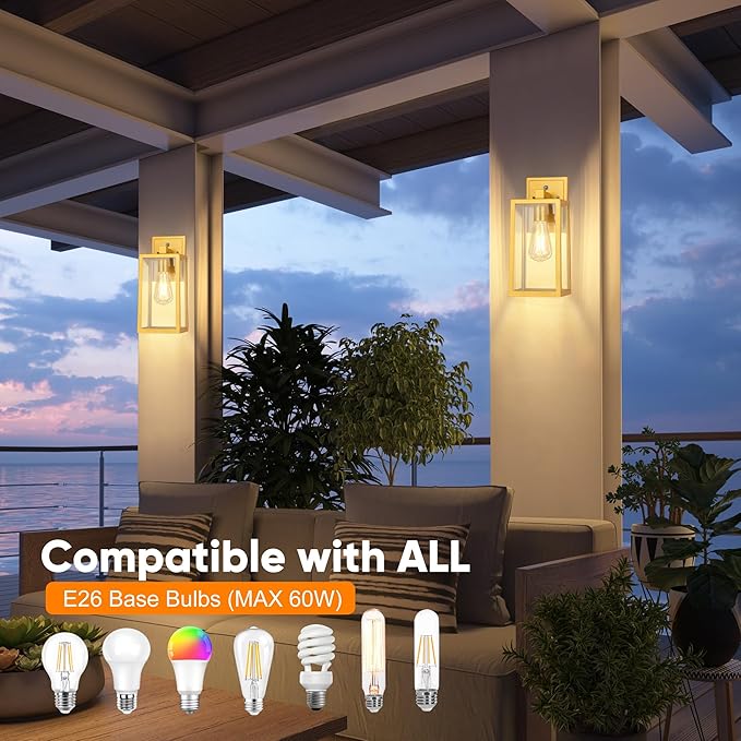 PARTPHONER Gold Dusk to Dawn Outdoor Lights for House Wall Mount, Sensor Exterior Lighting Fixtures set of 2, Anti Rust Wall Sconce Lamp, Waterproof Wall Lantern for Doorway, Garage, WTWL181AJ2